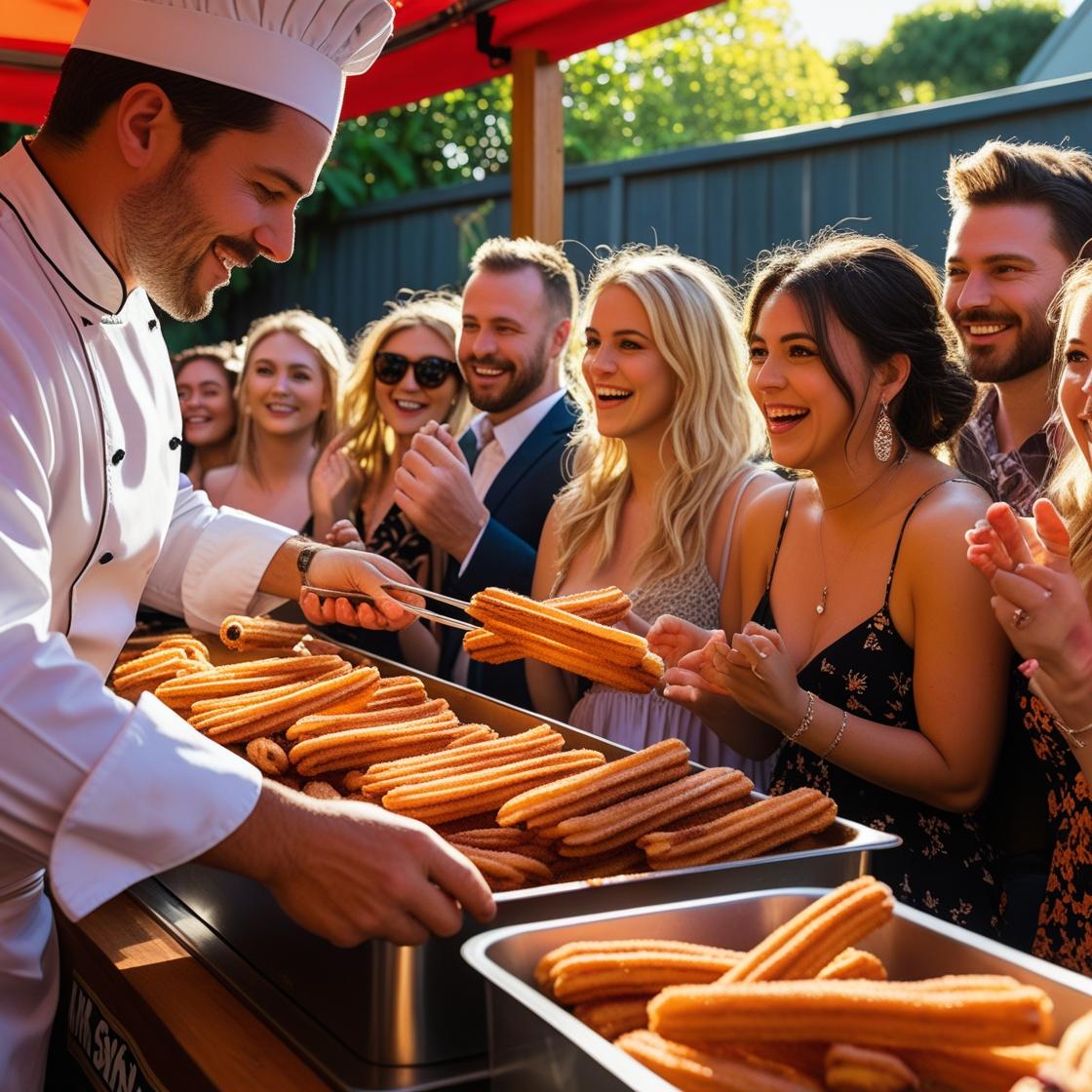 A live churro cart set up at a backyard party in Sydney with guests watching the chef fry churros. use brand name Mr Spanish Churro (1)