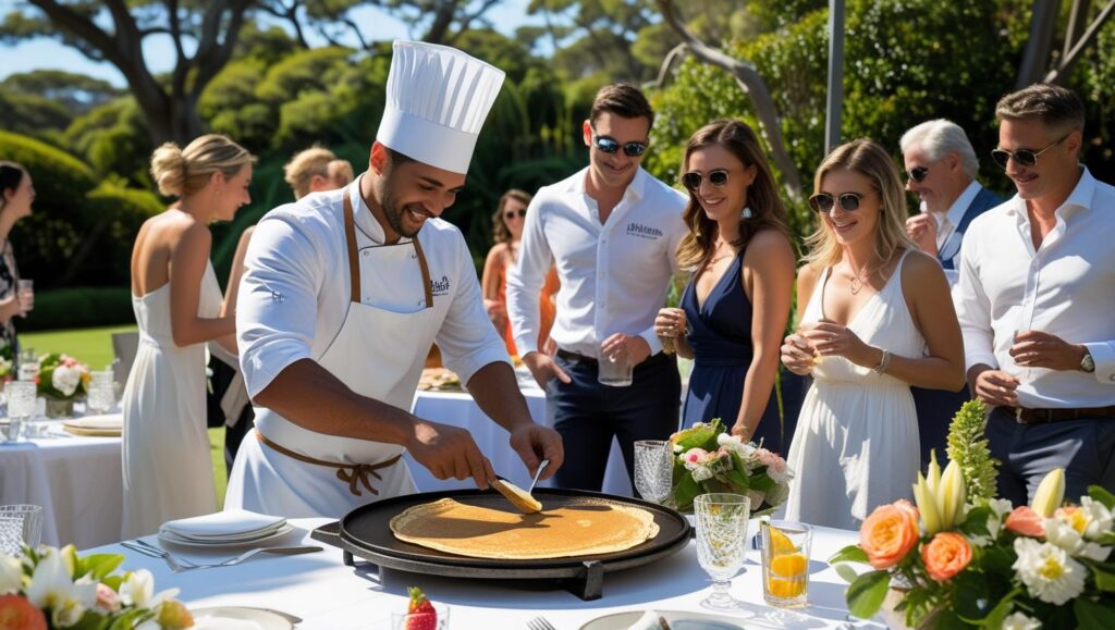 Outdoor private event in Sydney with a professional crepe chef preparing sweet crepes on a hot plate, guests sampling crepes, tasteful table styling.
